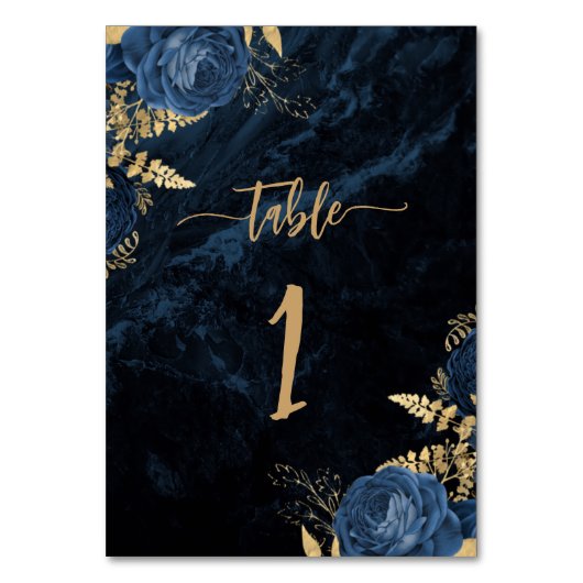 Elegant Navy Blauw Goud Bloemen Bruiloft Kaart (Voorkant)