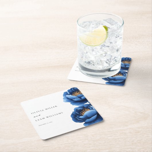 Elegant Navy Blauw Goud Bloemen Bruiloft Kartonnen Onderzetters (Insitu)