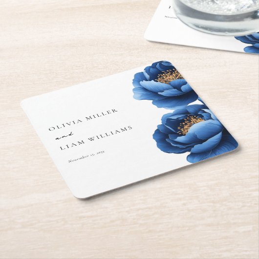 Elegant Navy Blauw Goud Bloemen Bruiloft Kartonnen Onderzetters (Schuin)