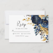 Elegant Navy Blauw Goud Bloemen Bruiloft RSVP Kaartje (Voorkant)