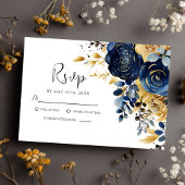 Elegant Navy Blauw Goud Bloemen Bruiloft RSVP Kaartje