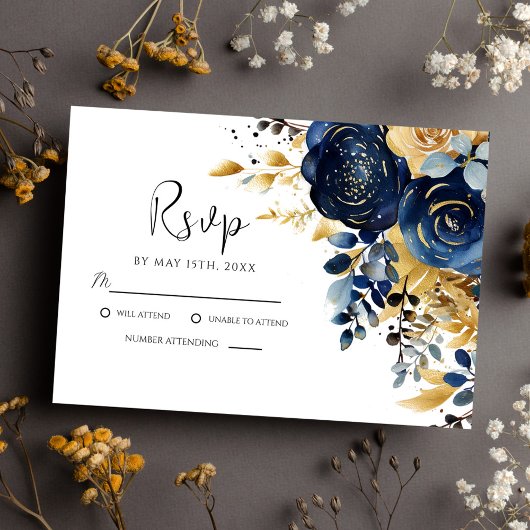 Elegant Navy Blauw Goud Bloemen Bruiloft RSVP Kaartje
