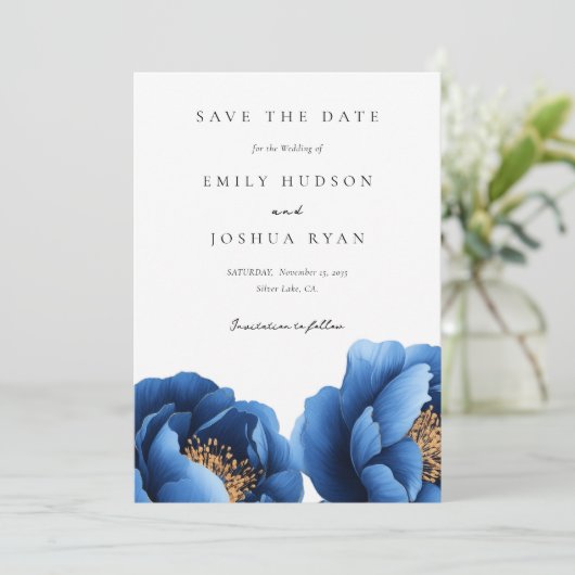 Elegant Navy Blauw Goud Bloemen Bruiloft Save The Date (Staand voorkant)