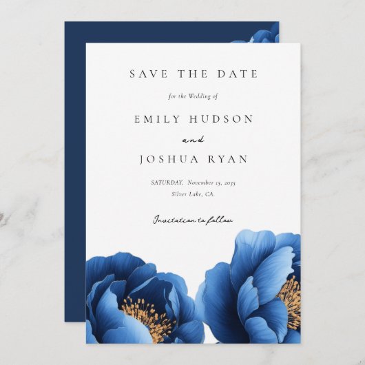 Elegant Navy Blauw Goud Bloemen Bruiloft Save The Date (Voorkant / Achterkant)