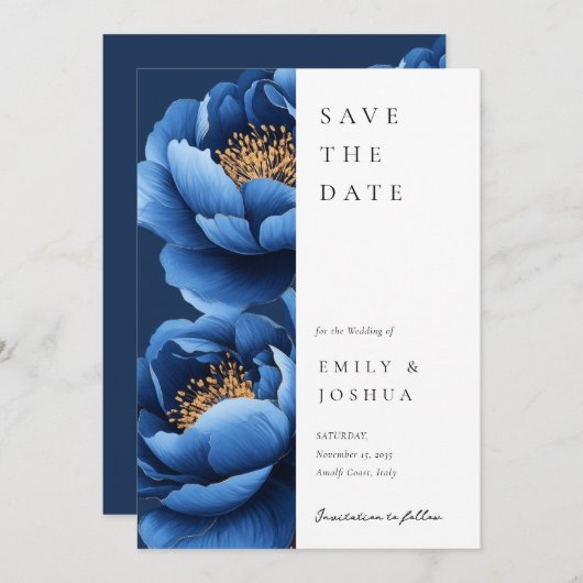 Elegant Navy Blauw Goud Bloemen Bruiloft Save The Date (Voorkant / Achterkant)