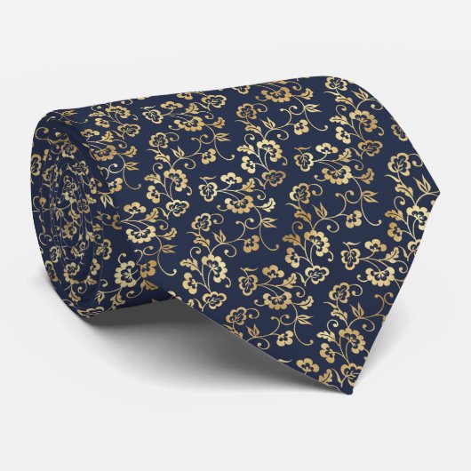 Elegant Navy Blauw Goud Bloemen Stropdas (Opgerold)
