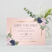 Elegant Navy Blauw Goud Blush Roze Bloemen Save The Date (Staand voorkant)