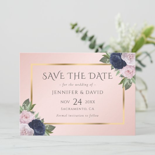 Elegant Navy Blauw Goud Blush Roze Bloemen Save The Date (Staand voorkant)