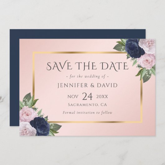 Elegant Navy Blauw Goud Blush Roze Bloemen Save The Date (Voorkant / Achterkant)