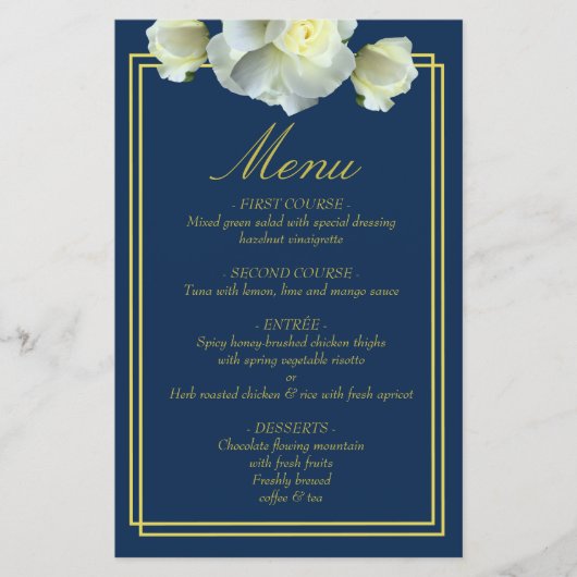Elegant Navy Blauw Goud Script Menu Foto Info Kaar (Voorkant)