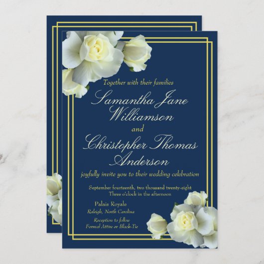 Elegant Navy Blauw Goud Script Wit Rose Bruiloft Kaart (Voorkant / Achterkant)