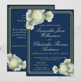 Elegant Navy Blauw Goud Script Wit Rose Bruiloft Kaart