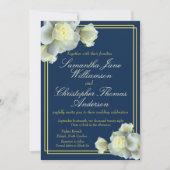Elegant Navy Blauw Goud Script Wit Rose Bruiloft Kaart (Voorkant)