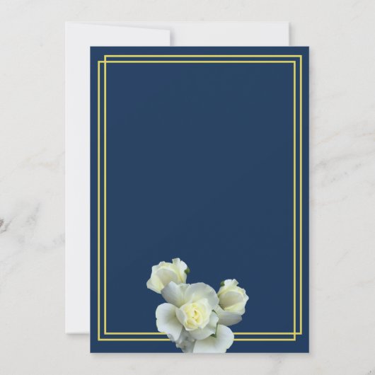 Elegant Navy Blauw Goud Script Wit Rose Bruiloft Kaart (Achterkant)