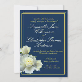 Elegant Navy Blauw Goud Script Wit Rose Bruiloft Kaart