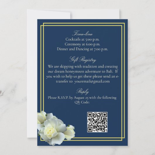 Elegant Navy Blauw Goud Script Wit Rose Bruiloft Kaart (Achterkant)