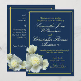 Elegant Navy Blauw Goud Script Wit Rose Bruiloft Kaart