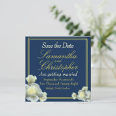 Elegant Navy Blauw Goud Script Wit Rose Bruiloft Save The Date (Staand voorkant)