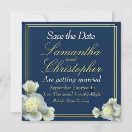 Elegant Navy Blauw Goud Script Wit Rose Bruiloft Save The Date