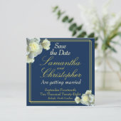 Elegant Navy Blauw Goud Script Wit Rose Bruiloft Save The Date (Staand voorkant)