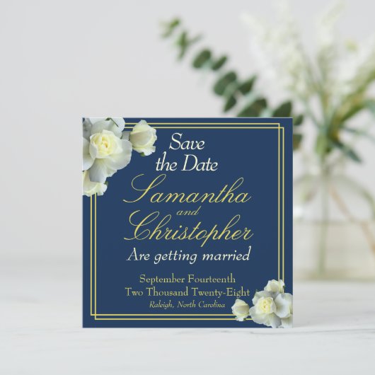 Elegant Navy Blauw Goud Script Wit Rose Bruiloft Save The Date (Staand voorkant)