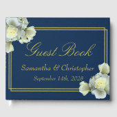 Elegant Navy Blauw Goud Script Wit Rozen Bruiloft Gastenboek (Voorkant)