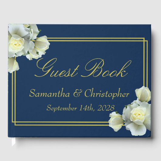 Elegant Navy Blauw Goud Script Wit Rozen Bruiloft Gastenboek (Voorkant)