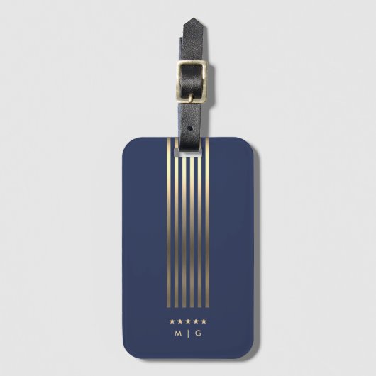 Elegant Navy Blauw Goud Strepen Sterren Monogram Bagagelabel (Voorkant (verticaal))