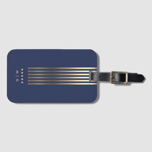Elegant Navy Blauw Goud Strepen Sterren Monogram Bagagelabel (Voorkant (horizontaal))