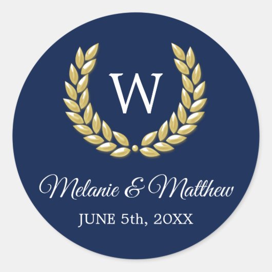 Elegant Navy Blauw & Gouden Laurel Monogram Bruilo Ronde Sticker (Voorkant)