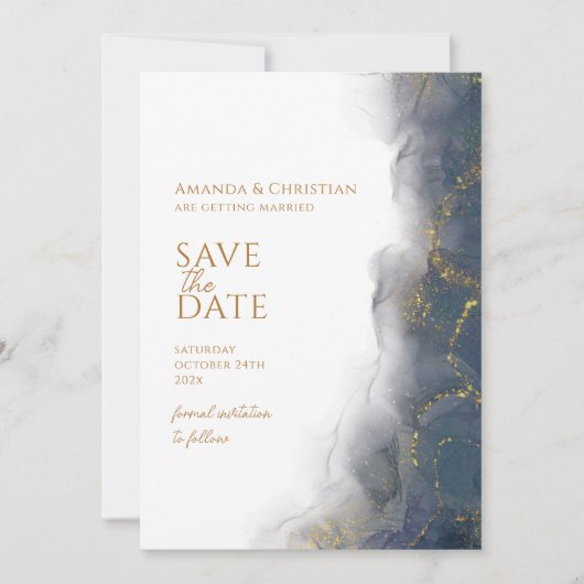 Elegant Navy Blauw Gouden Marmeren Trouw Save The Date (Voorkant)