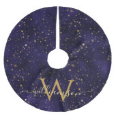 Elegant Navy Blauw Gouden Sterren Monogram Fluweel Kerstboom Rok (Voorkant)