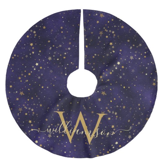 Elegant Navy Blauw Gouden Sterren Monogram Fluweel Kerstboom Rok (Voorkant)