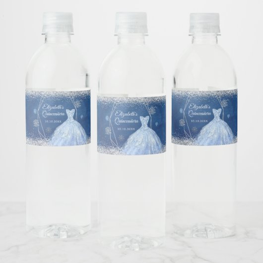 Elegant Navy Blauw Kerstmis Sneeuwvlok Mis XV Años Waterfles Etiket (Flessen)