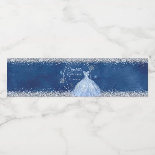 Elegant Navy Blauw Kerstmis Sneeuwvlok Mis XV Años Waterfles Etiket (Enkel label)