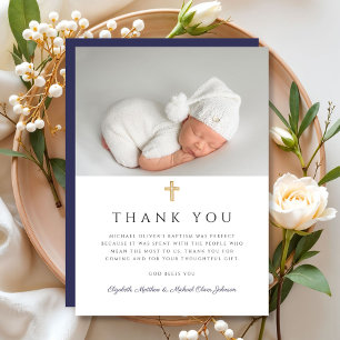 Elegant Navy Blauw Kruis Jongen Doop Foto Bedankkaart
