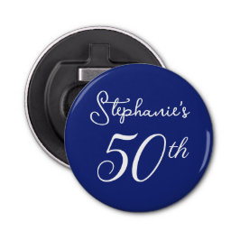 Elegant Navy Blauw Monogram 50e Verjaardagsfeest Button Flesopener