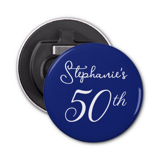 Elegant Navy Blauw Monogram 50e Verjaardagsfeest Button Flesopener (Voorkant)