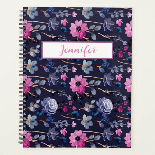 Elegant Navy Blauw roze bloemen Planner (Voorkant)