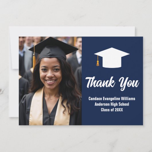 Elegant Navy Blauw Wit Afstuderen Foto Afstuderen Bedankkaart (Voorkant)