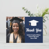 Elegant Navy Blauw Wit Afstuderen Foto Afstuderen Bedankkaart (Staand voorkant)