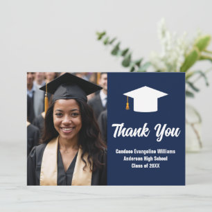 Elegant Navy Blauw Wit Afstuderen Foto Afstuderen Bedankkaart