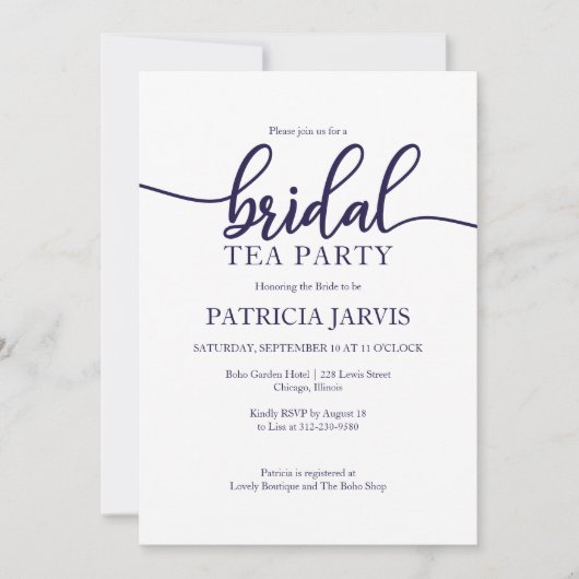 Elegant Navy Blauw Wit Bruids Tea Party Kaart (Voorkant)