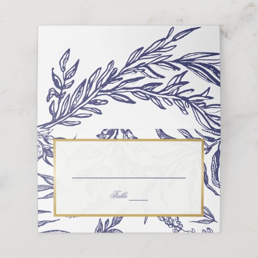 Elegant Navy Blauw Wit Goud Botanische Bruiloft Plaatskaartje (Buitenkant ongevouwen)