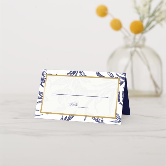 Elegant Navy Blauw Wit Goud Botanische Bruiloft Plaatskaartje (Voorkant)