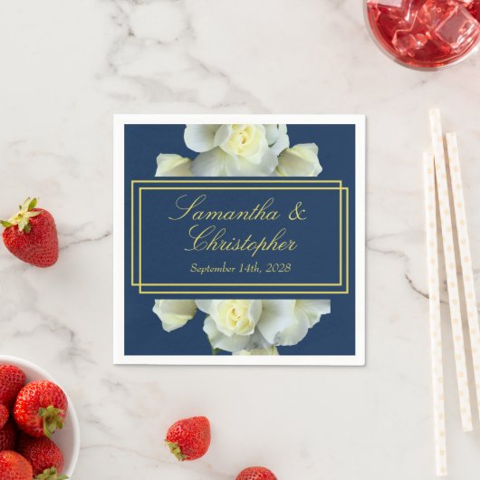 Elegant Navy Blauw Wit Rozen Minimaal Goud Script Servet (Insitu)