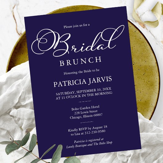 Elegant Navy Blauw Wit Script Bridal Brunch Kaart