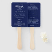 Elegant Navy Blauw & Wit Script bruiloft programma Handwaaier (Voorkant en achterkant)
