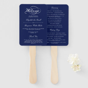 Elegant Navy Blauw & Wit Script bruiloft programma Handwaaier