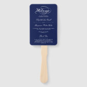 Elegant Navy Blauw & Wit Script bruiloft programma Handwaaier (Voorkant)